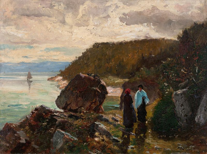 Pintura de paisaje al óleo de J. Henry Sandham que representa un río y la naturaleza
