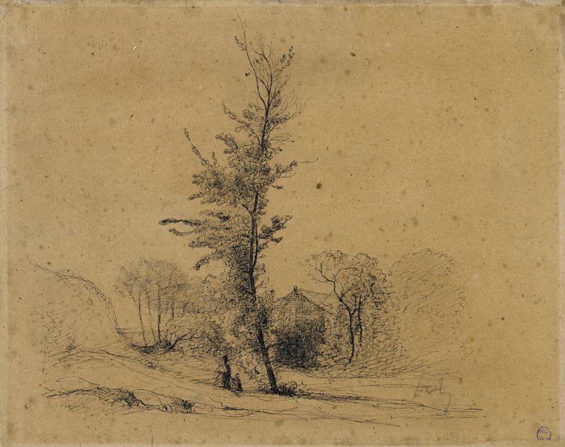 Paisaje con árboles y una cabaña de Henri-Joseph Harpignies, óleo sobre lienzo