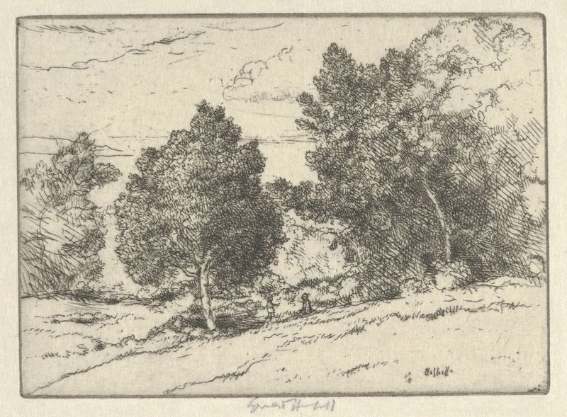 Escena de paisaje con árboles y curvas suaves, pintura al óleo de Ernest Haskell