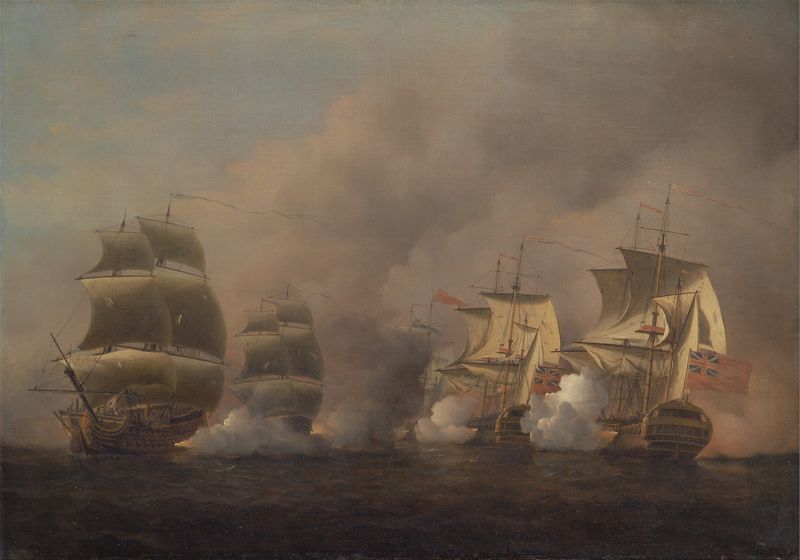 Rococo oil painting by Samuel Scott depicting a ship in stormy waves