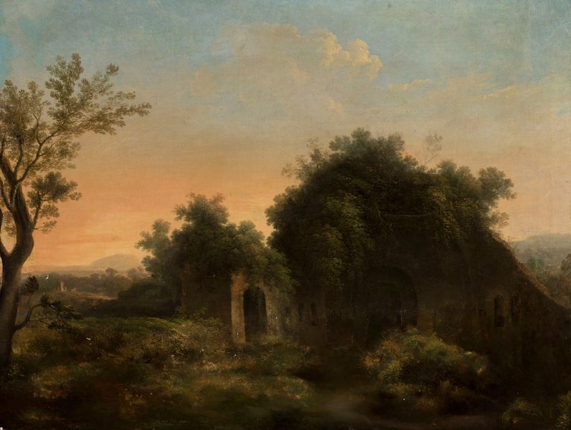 Paisaje romántico de Gregorio Fidanza, con colinas y follaje vibrante.