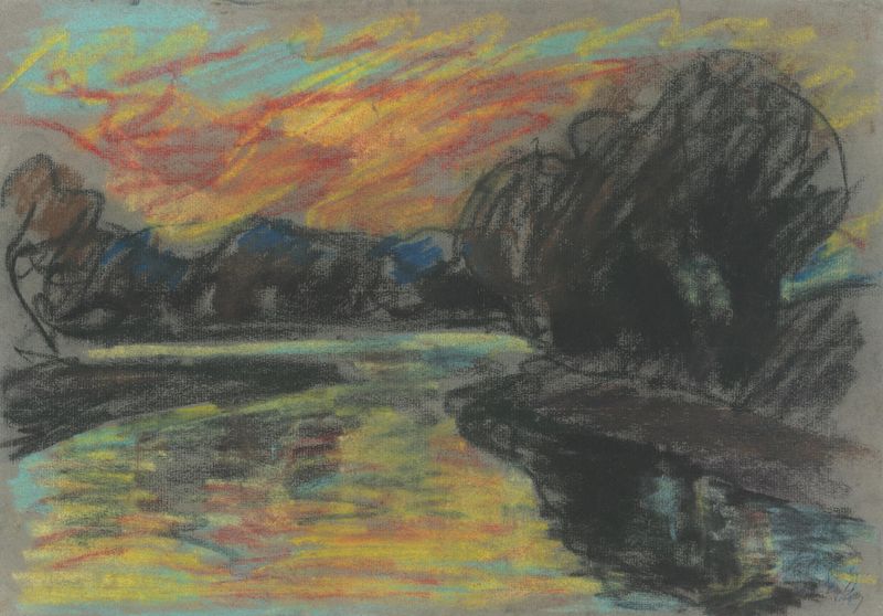 River in a Dark Willow Grove, óleo sobre tela de Zolo Palugyay, apresentando um rio prateado e salgueiros escuros.