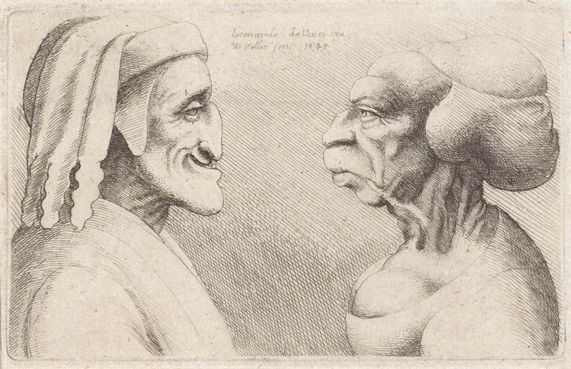 Gravura de Wenceslaus Hollar mostrando caricaturas exageradas de um homem e uma mulher.