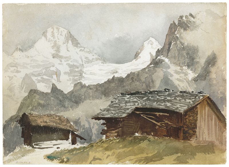 Chalets, Breithorn, Mürren de John Singer Sargent, óleo sobre lienzo que representa chalets y montañas