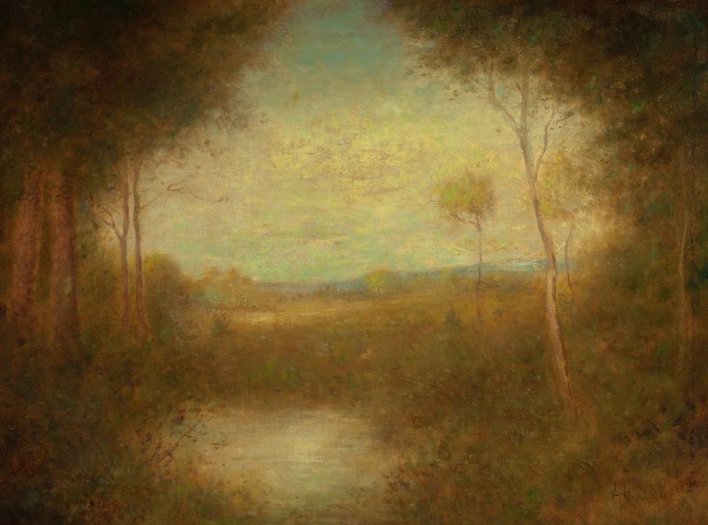 Oil painting by Alexander Helwig Wyant depicting a serene forest scene.