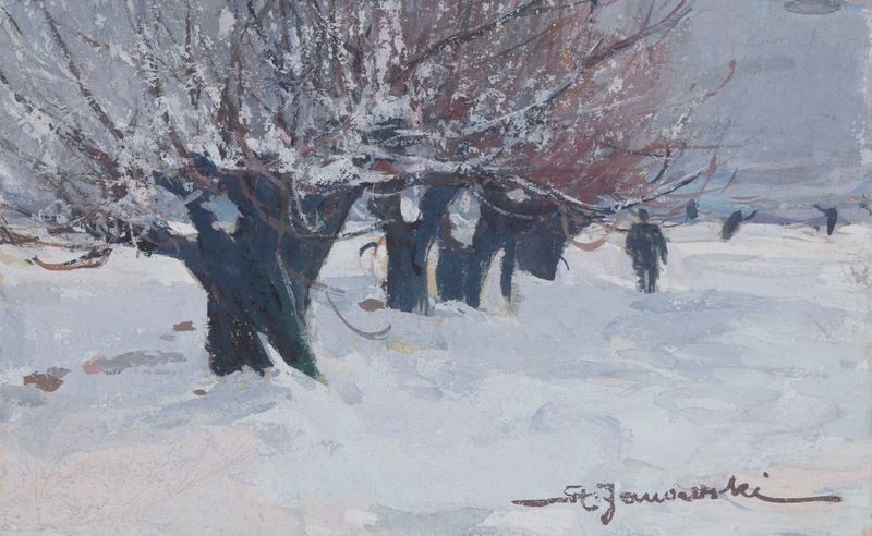 A row of trees in a snow-covered landscape by Stanisław Janowski