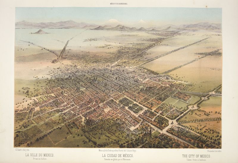 Vista aérea de la Ciudad de México, pintura al óleo de C. Castro