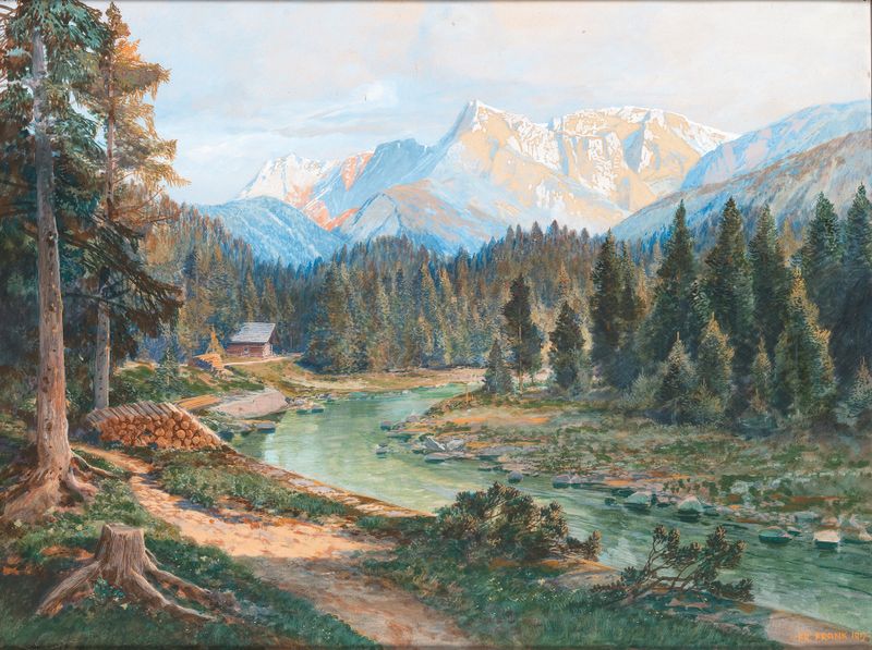 Landscape oil painting by Friedrich Frank depicting rolling hills and soft light.