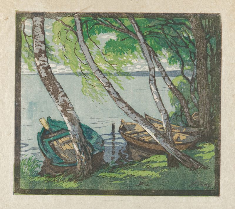 Lakeshore de Helene Mass, pintura impresionista que representa una escena serena de la orilla del lago.
