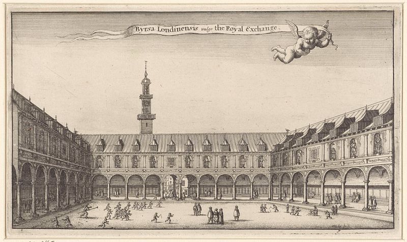 Grabado de Wenceslaus Hollar que representa la Bolsa de Londres con detalles arquitectónicos intrincados.