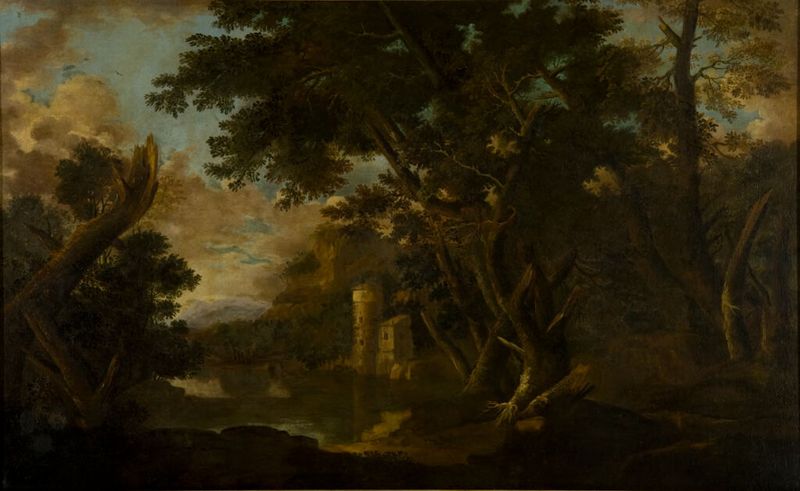 Paisaje con un molino de agua, óleo sobre lienzo de Crescenzio Onofri