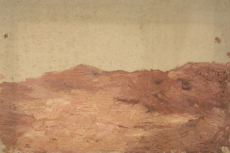 Landscape by Jeanne Jegou-Cadart, oil on canvas, featuring gentle mountains and soft light.