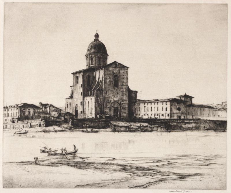 Grabado de San Frediano in Cestello de Muirhead Bone que representa un río al atardecer