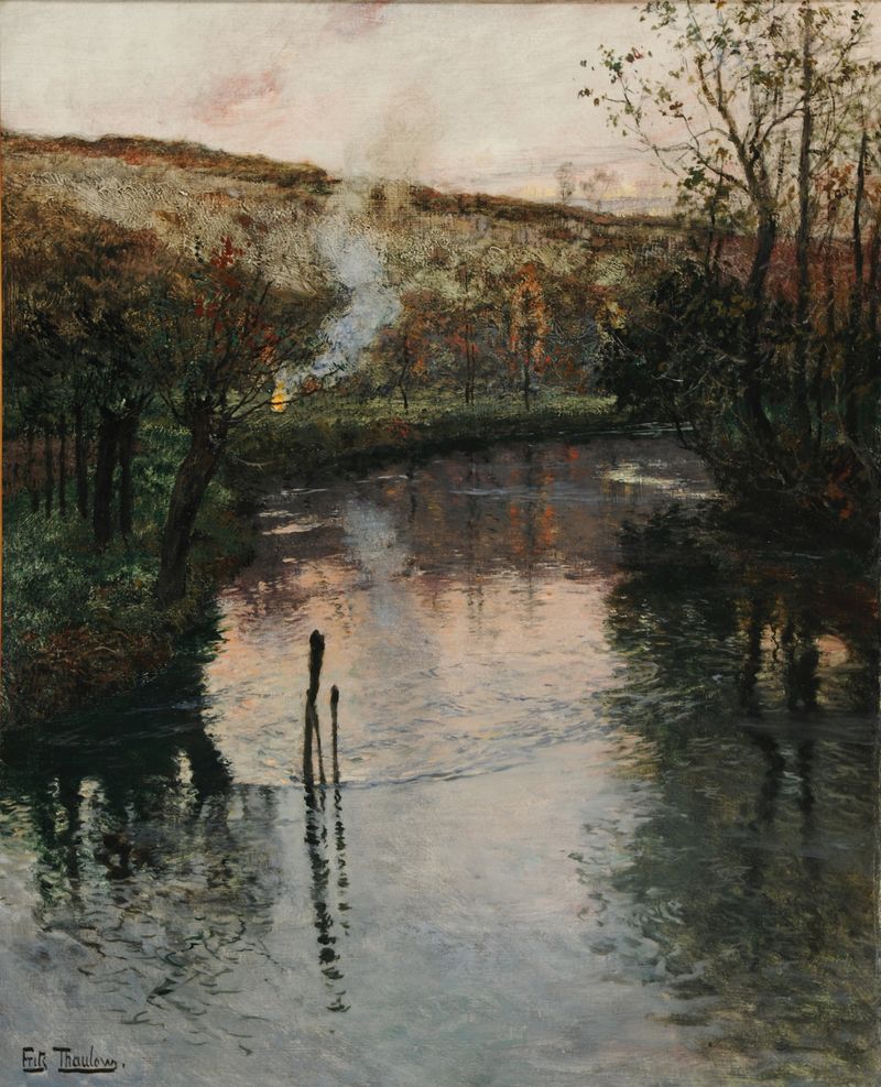 Soleil couchant sur l’Arques à Péquigny de Frits Thaulow, impresionismo, paisaje