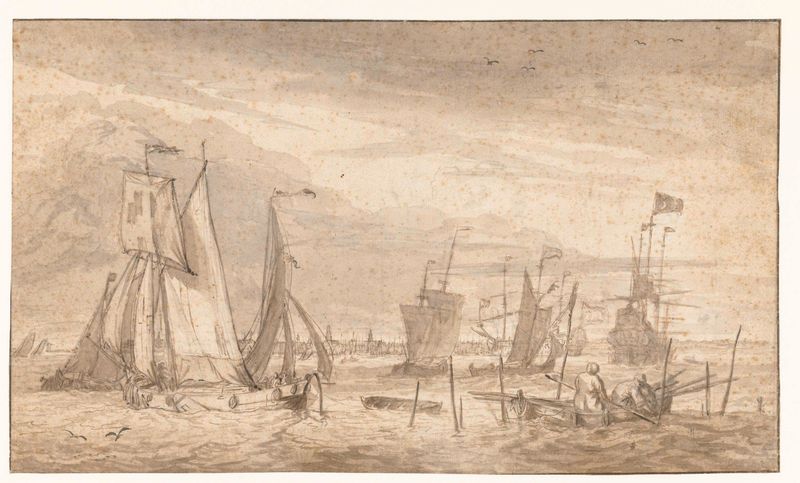 Oil painting by Pieter Coopse depicting a river with a city skyline.