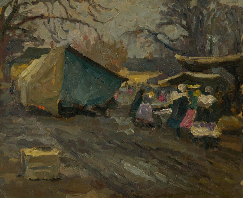 Cena de gênero representando um mercado vibrante com barracas de Jozef Teodor Mousson, pintura a óleo.