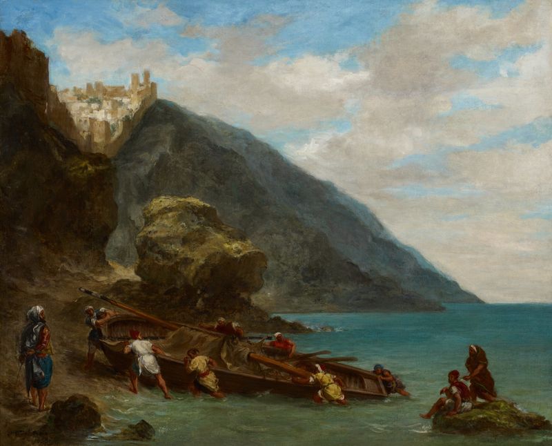 View of Tangier from the Seashore by Eugène Delacroix, oil painting depicting waves and sunlight.