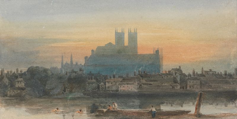 River landscape at twilight featuring Westminster by David Cox, oil painting