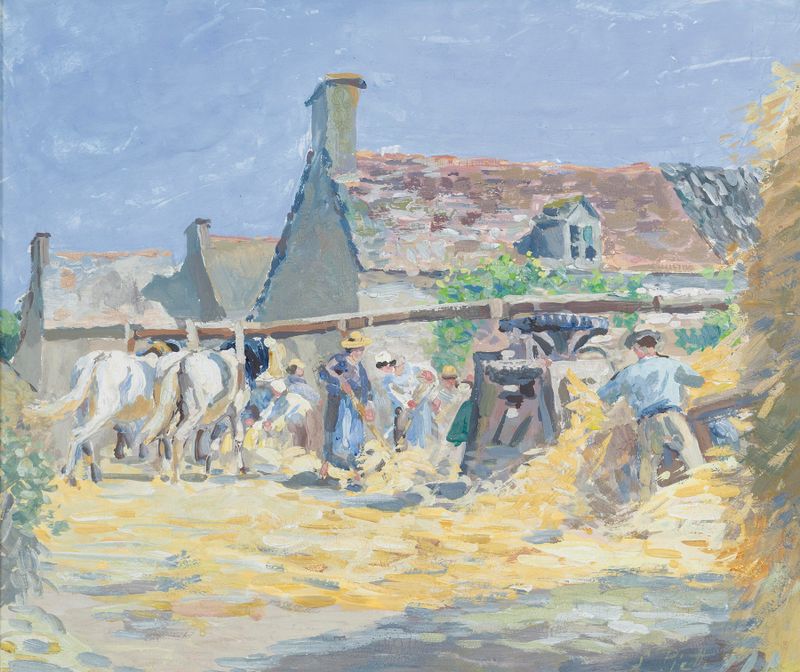 Landscape with fields and sunlight in La Fauche Des Foins À Montfoucault by Ludovic Piette, oil painting