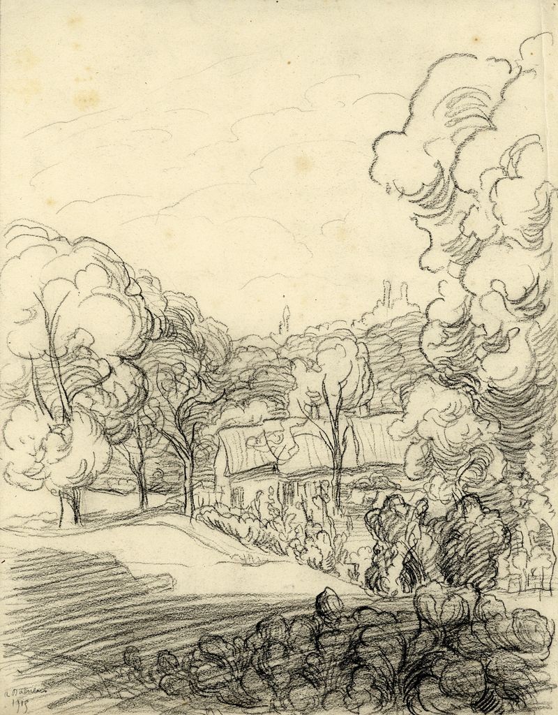 Landscape in charcoal on paper by Albert Daenens, featuring sweeping curves and interplay of light and shadow.