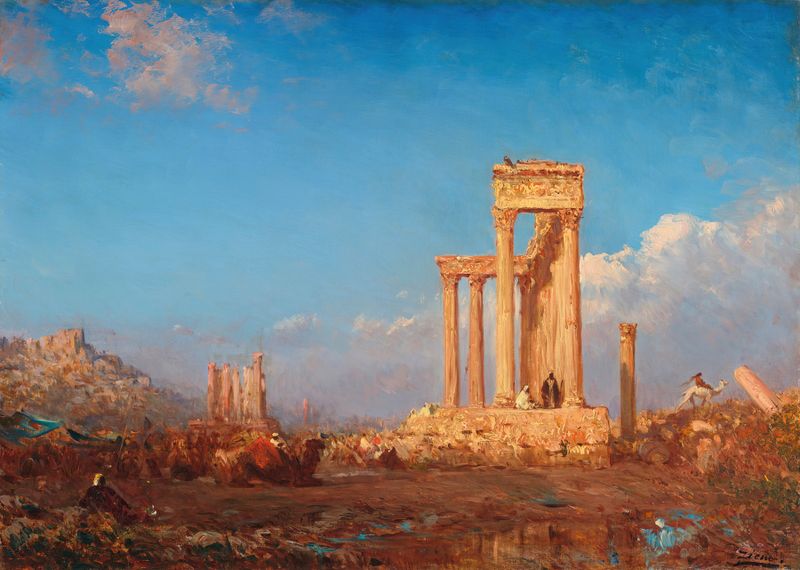 Ruins, Palmyra de Félix Ziem, óleo sobre lienzo que representa ruinas antiguas al atardecer