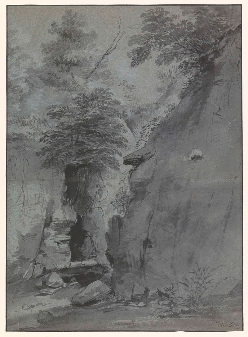 Kloof tussen rotswanden de Jean François Millet, óleo sobre tela que retrata penhascos e figuras em luz suave.