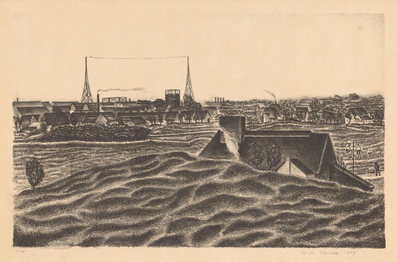 Stadsrand by Henk Henriët, modernism, depicting a city skyline with shadow and light.