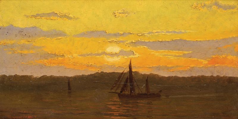 Sunset de Manfred Lindemann-Frommel, óleo sobre lienzo que representa un paisaje vibrante con colores cálidos.