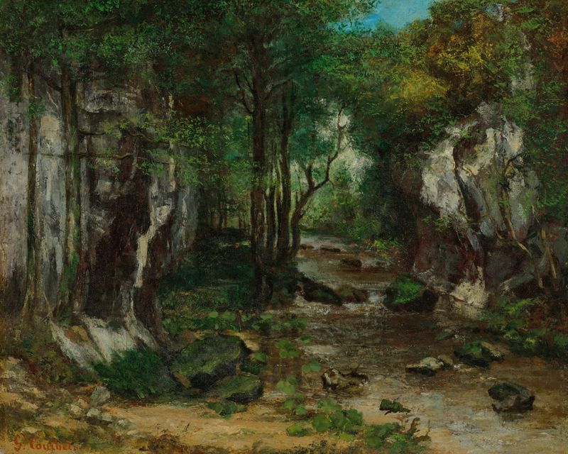 Le Ruisseau de Puits Noir by Gustave Courbet, oil painting depicting a stream and forest.