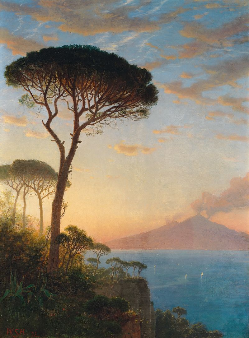 Vesuvius at Dusk, óleo sobre lienzo de William Stanley Haseltine, representando un volcán al atardecer.