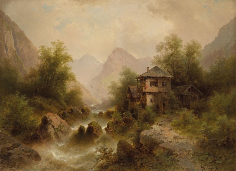 Wasserfall Mit Mühle by Albert Rieger, oil painting depicting a waterfall and a mill