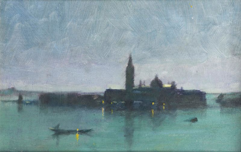 Oil painting by James Jebusa Shannon depicting a moonlit lagoon in Venice.
