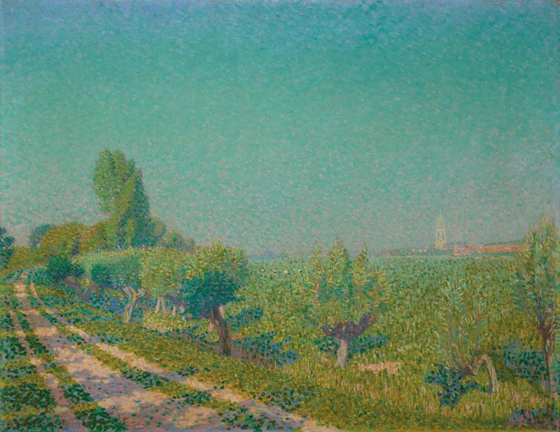 Vue de Rhenen de Ferdinand Hart Nibbrig, pintura a óleo que retrata uma paisagem tranquila com colinas e uma aldeia.
