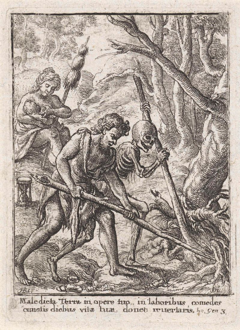 Adán y Eva en un momento de tensión, grabado de Wenceslaus Hollar