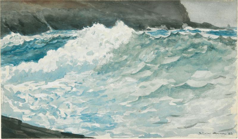 Surf, Prout’s Neck de Winslow Homer, pintura al óleo que muestra olas turbulentas chocando contra las rocas.