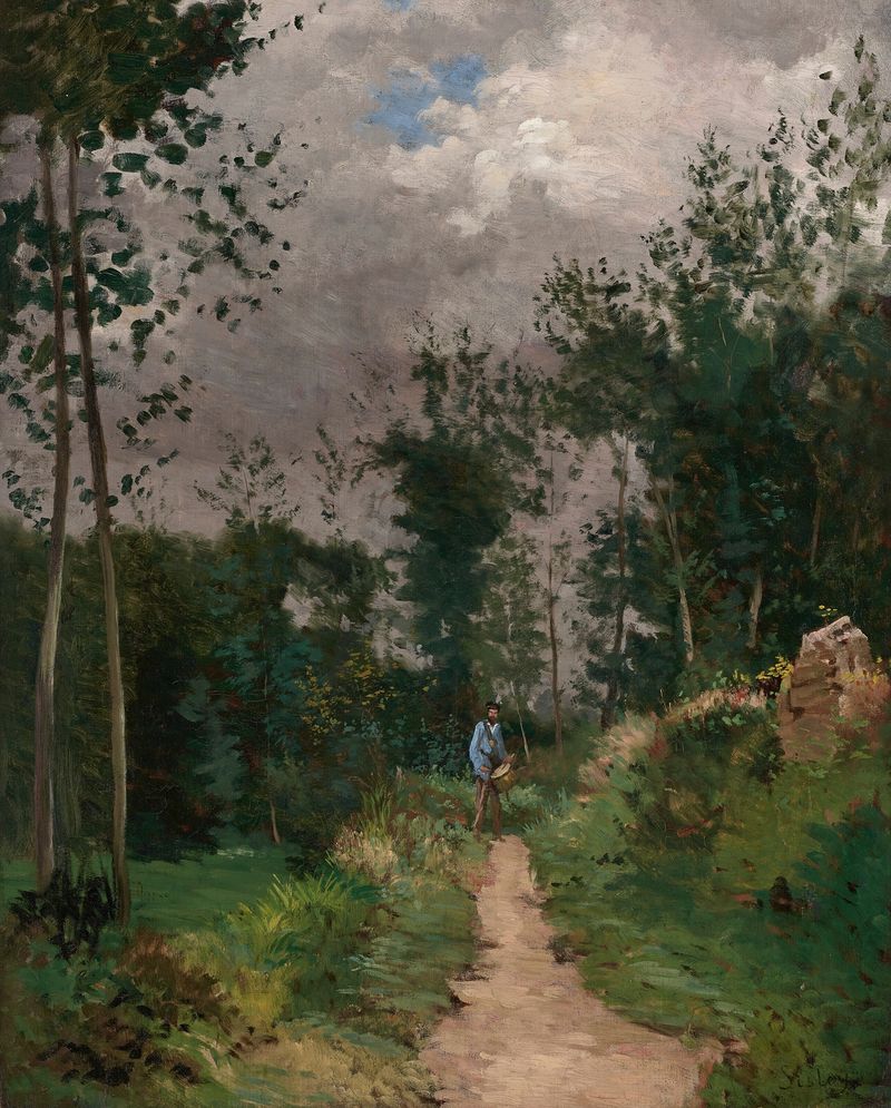 Garde-champêtre dans la forêt de Fontainebleau de Alfred Sisley, óleo sobre lienzo que muestra un guardabosques en un bosque.