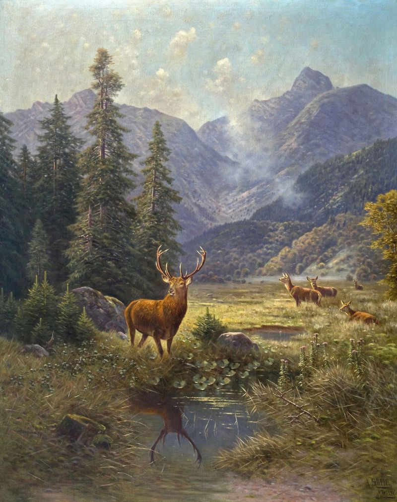Landscape of Oberstdorf with hills and sky, oil on canvas by Ludwig Sckell