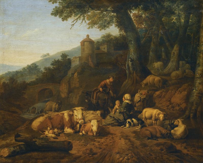 A Landscape With Drovers And Their Flock At Rest, oil painting by Johann Heinrich Roos