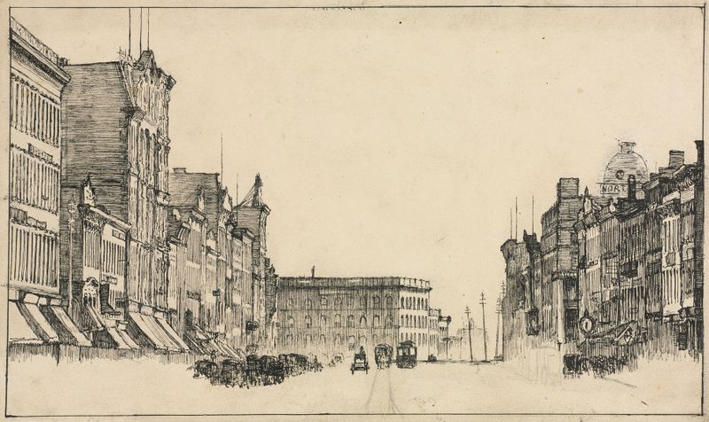 Escena de género que representa la vida urbana en Downtown, Cleveland, óleo sobre lienzo de Otto Henry Bacher
