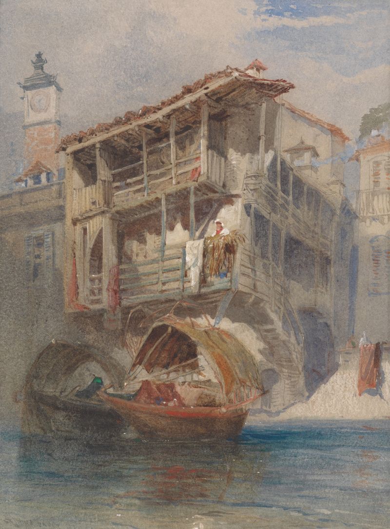 Paisagem do Lago Maggiore com montanhas e uma vila, aquarela de John Skinner Prout