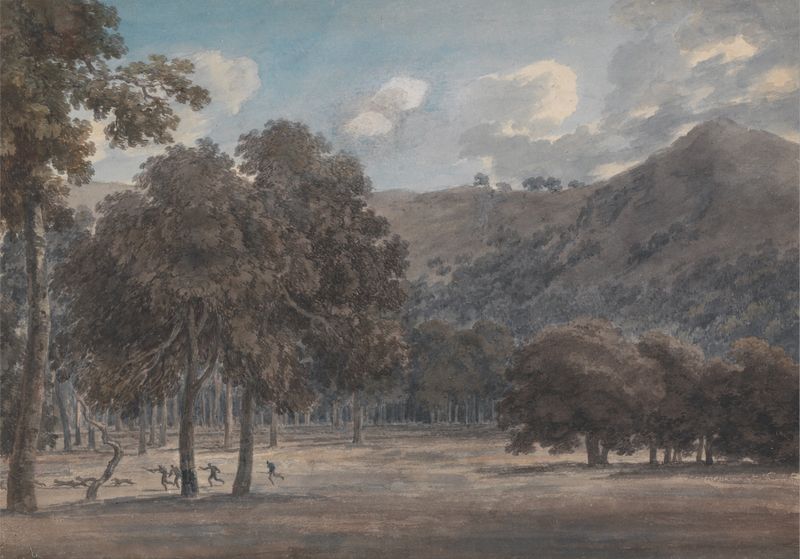 Watercolour by John Robert Cozens depicting a wooded crater with a hunt in progress.