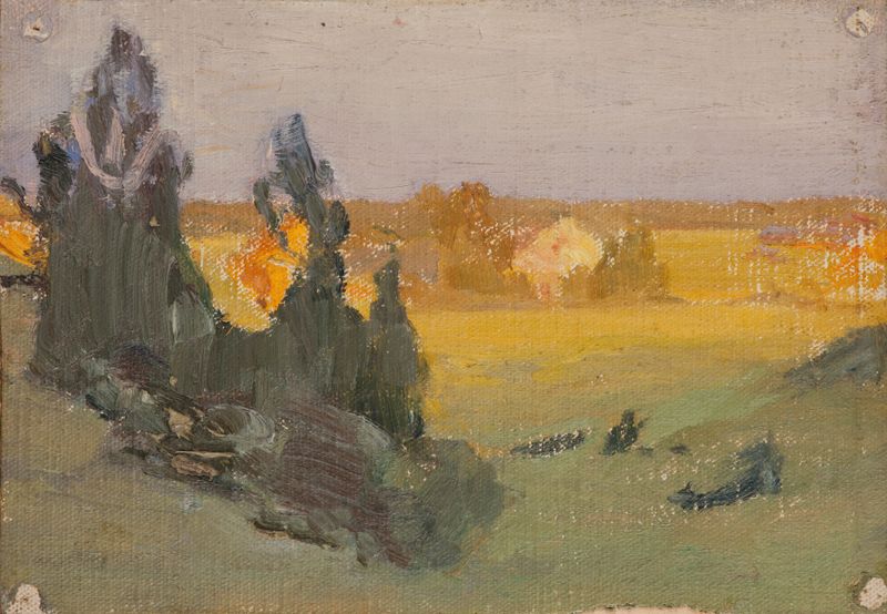 Evening de Jan Ciągliński, pintura a óleo que retrata uma paisagem ao anoitecer com azuis profundos e dourado.