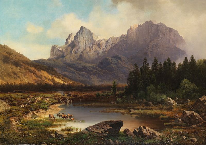 Landscape of mountains under a blue sky by Carl Millner, oil painting