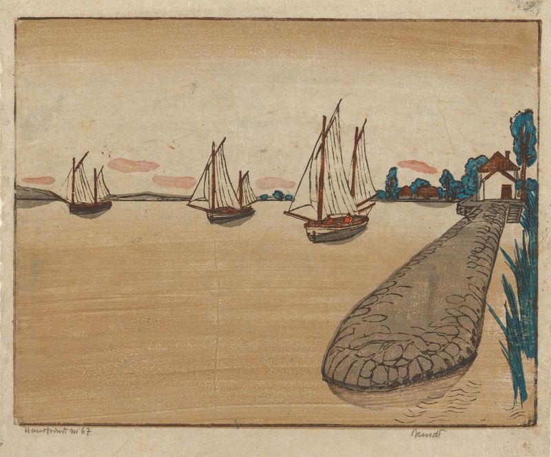 Barcos à vela em um lago, óleo sobre tela de Siegfried Berndt