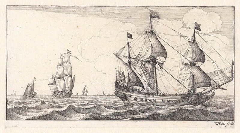 Oorlogsschip met vier zeilen gehesen gravura de Wenceslaus Hollar representando um navio com velas e cordame