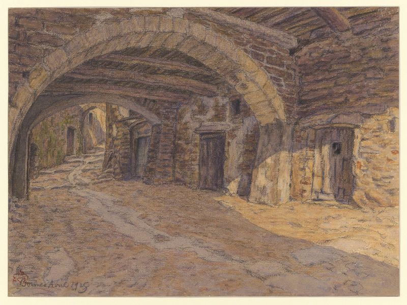 Bormes de Henri Rivière, pintura al óleo que representa arquitectura antigua con luz suave.