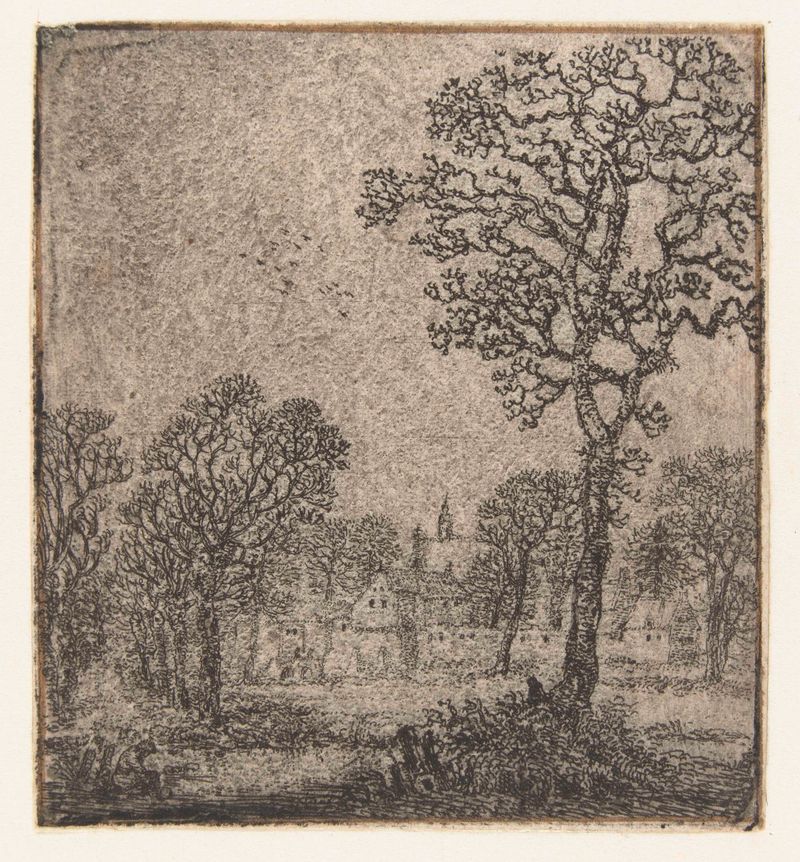Winter landscape with a village, etching by Jan van Brosterhuyzen