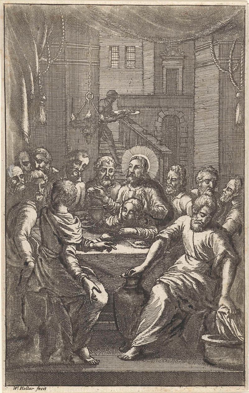Grabado Laatste Avondmaal de Wenceslaus Hollar mostrando figuras alrededor de una mesa con pan y vino.