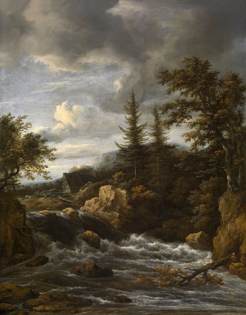 Waterfall in Norway de Jacob van Ruisdael, pintura a óleo que retrata uma cachoeira, rochas e floresta.