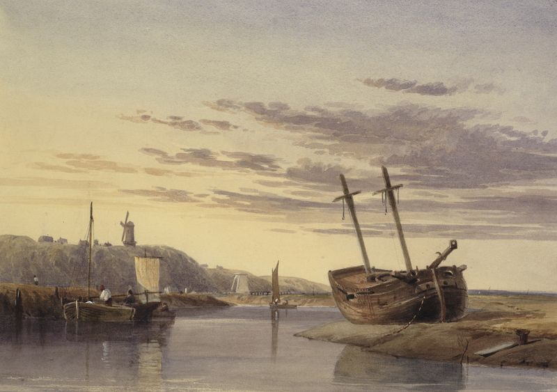 Fishing boats in Rye Harbour, oil on canvas by Charles Bentley